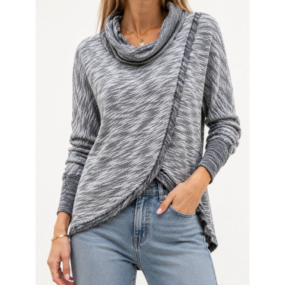 Hem & Thread M Gray Marled Cowl Neck Wrap Sweater Asymmetrical Cozy Boho Knit
